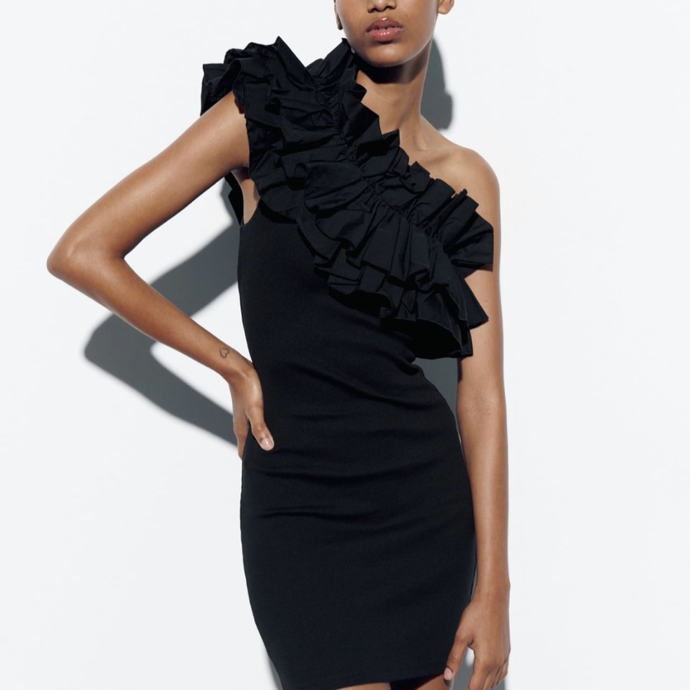 Zara Black One-Shoulder Ruffle Mini Dress - Picture 3 of 8